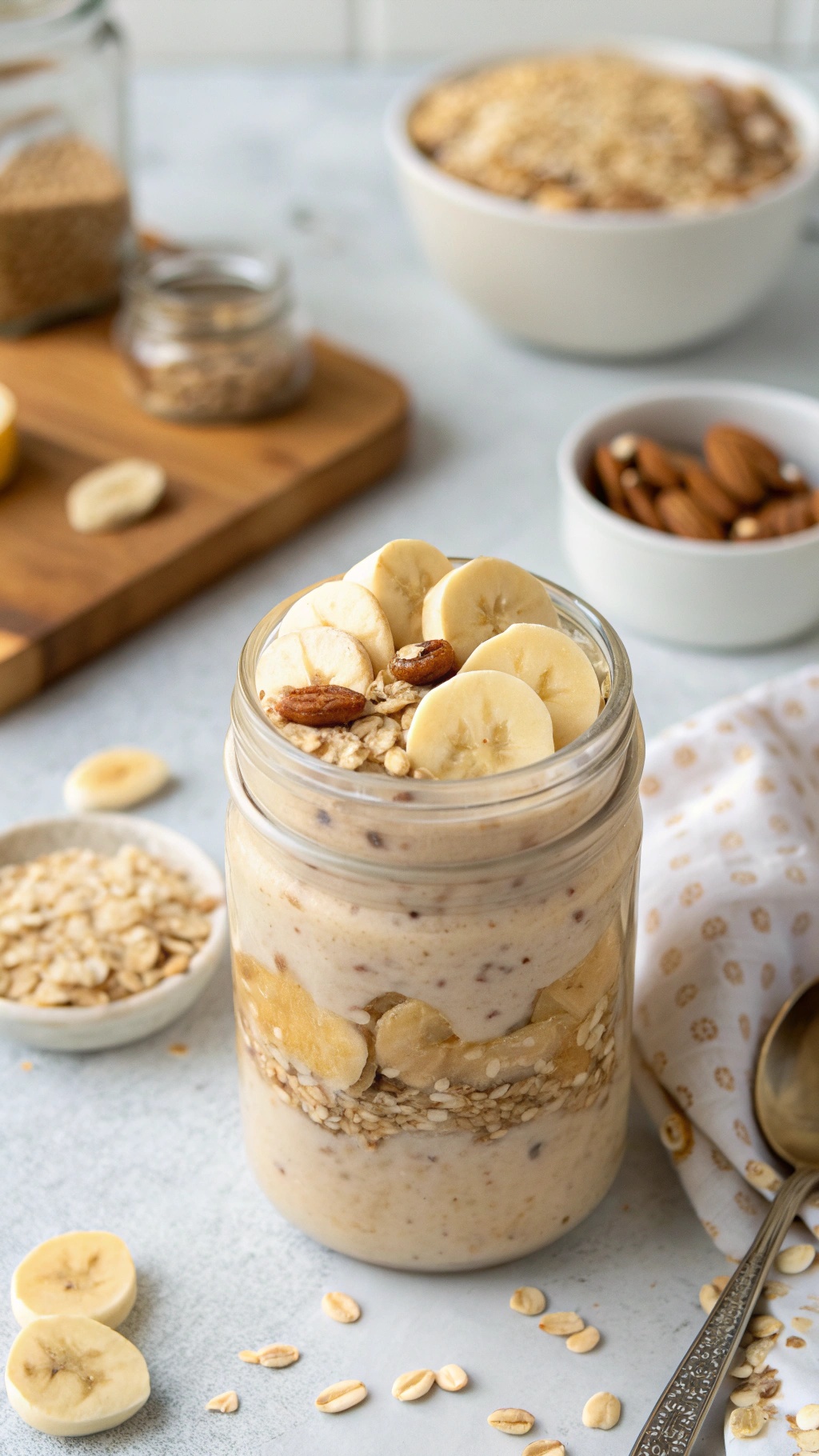 A jar of banana and peanut butter overnight oats topped with banana slices and nuts.