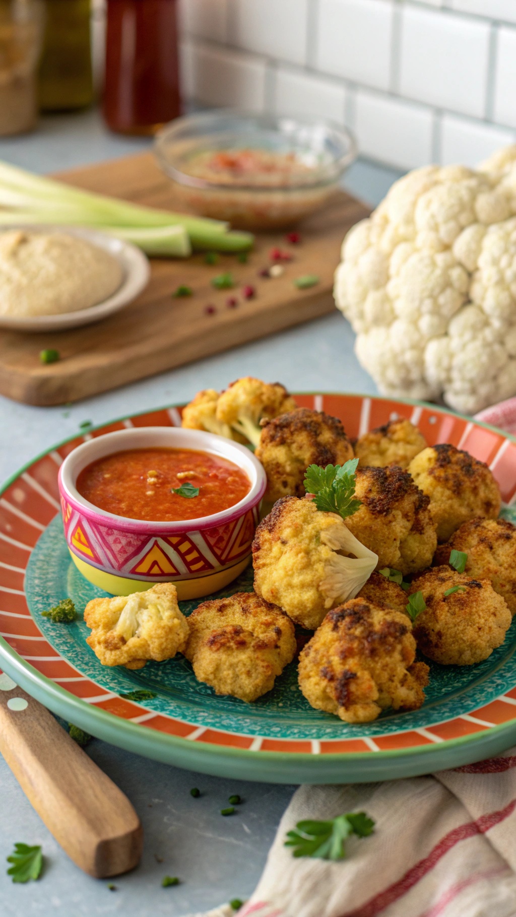 A plate of crispy cauliflower bites with a spicy dip, garnished with fresh herbs.