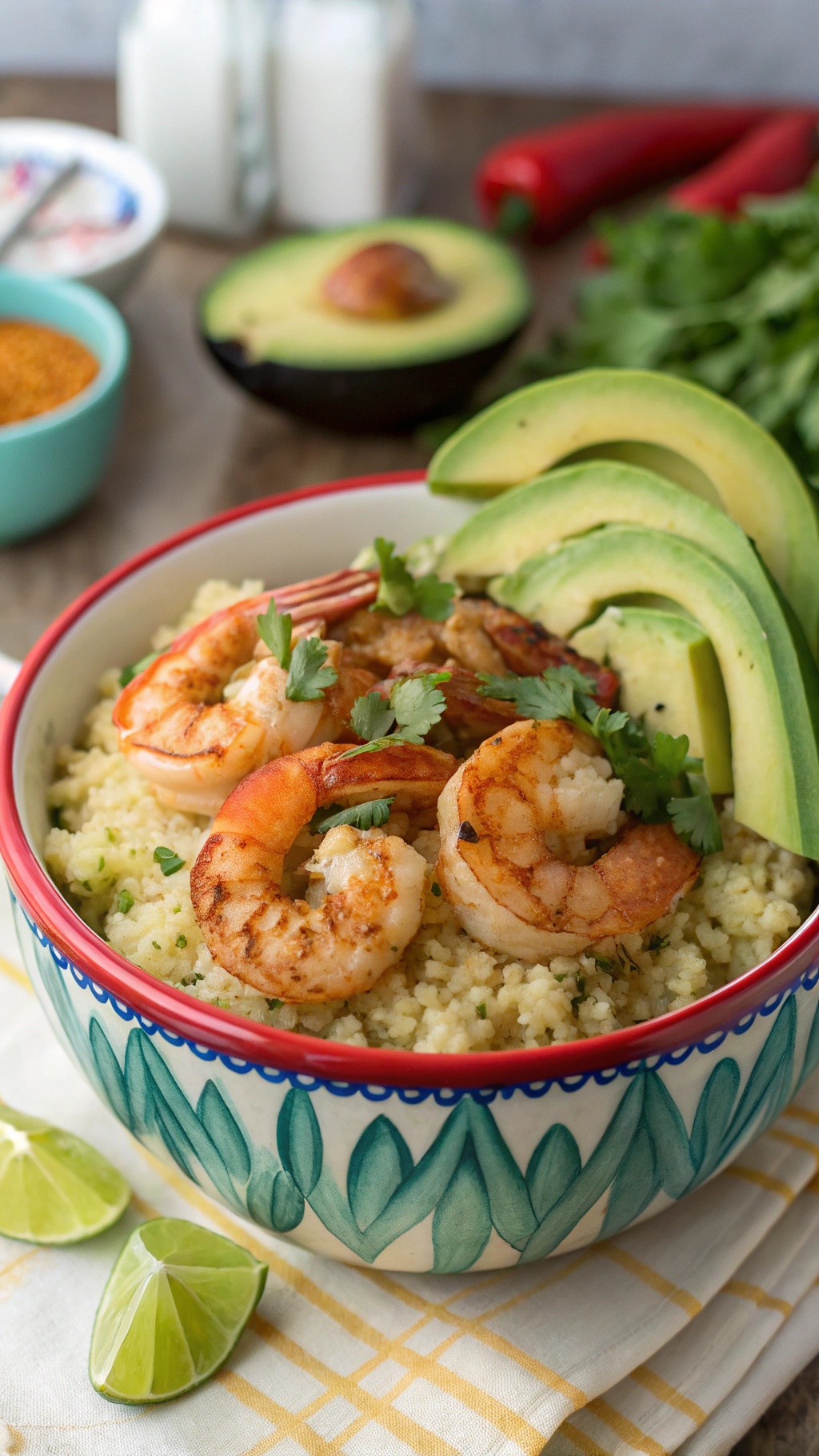 A colorful cauliflower rice bowl topped with shrimp and avocado slices.