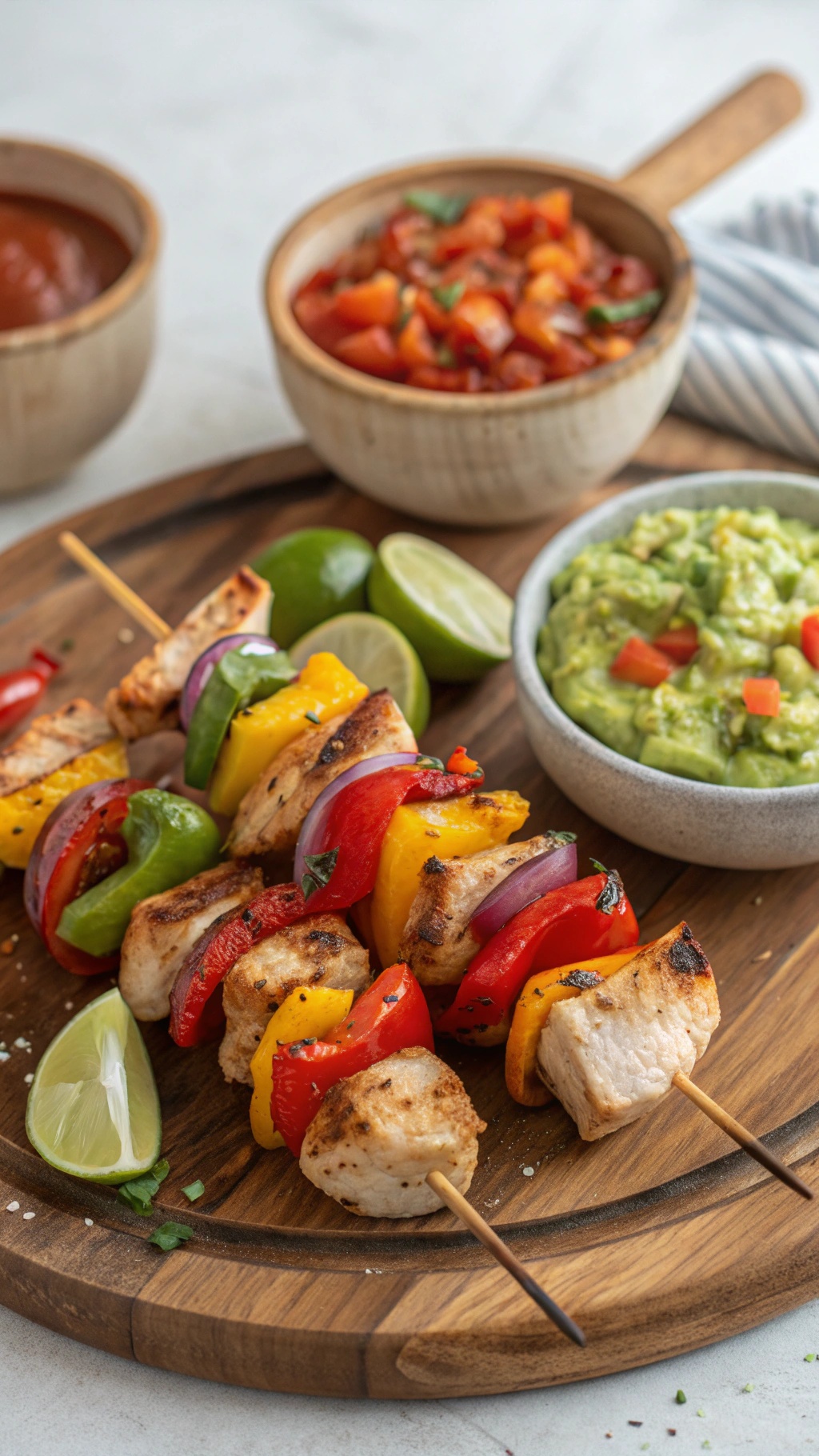 Chicken fajita skewers with colorful peppers and dips on a wooden platter.