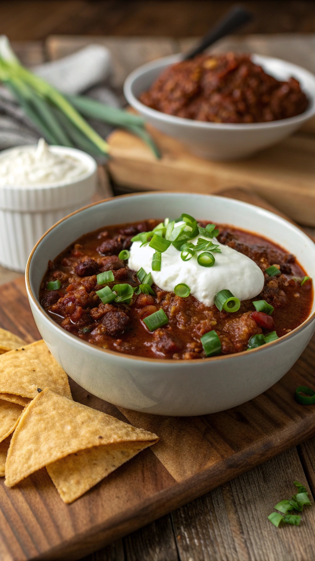 A bowl of chili con carne topped with sour cream and green onions, served with tortilla chips.