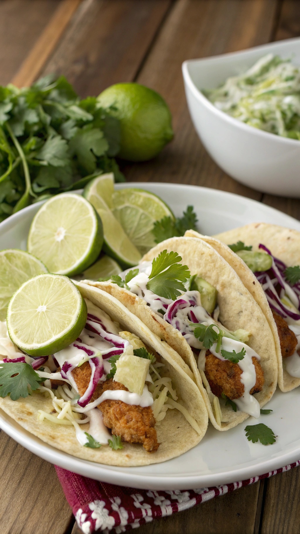 Three fish tacos with cabbage slaw, garnished with lime and cilantro on a wooden table.