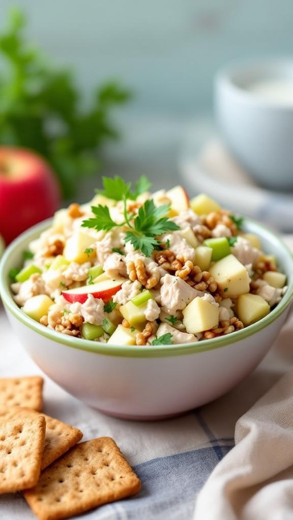 A bowl of Greek yogurt chicken salad with apples and walnuts, served with crackers.