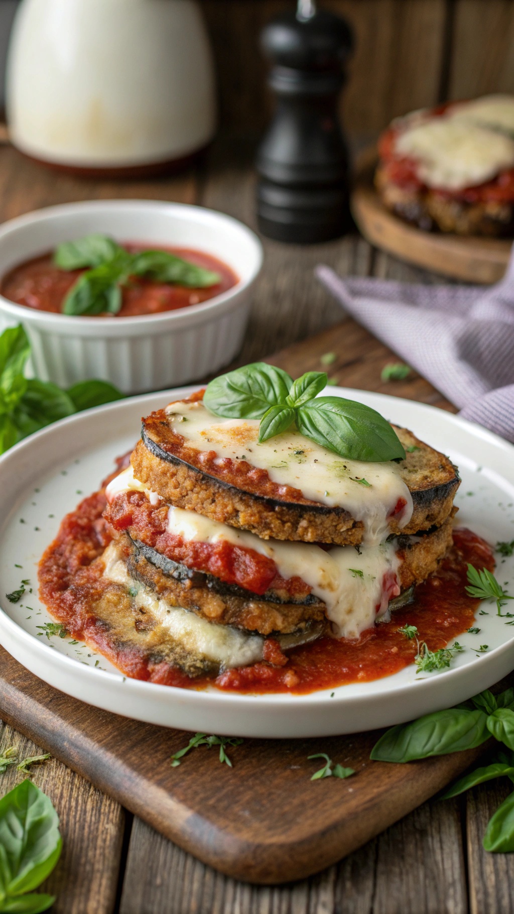 A plate of low carb eggplant parmesan layered with marinara sauce and melted cheese, garnished with fresh basil.