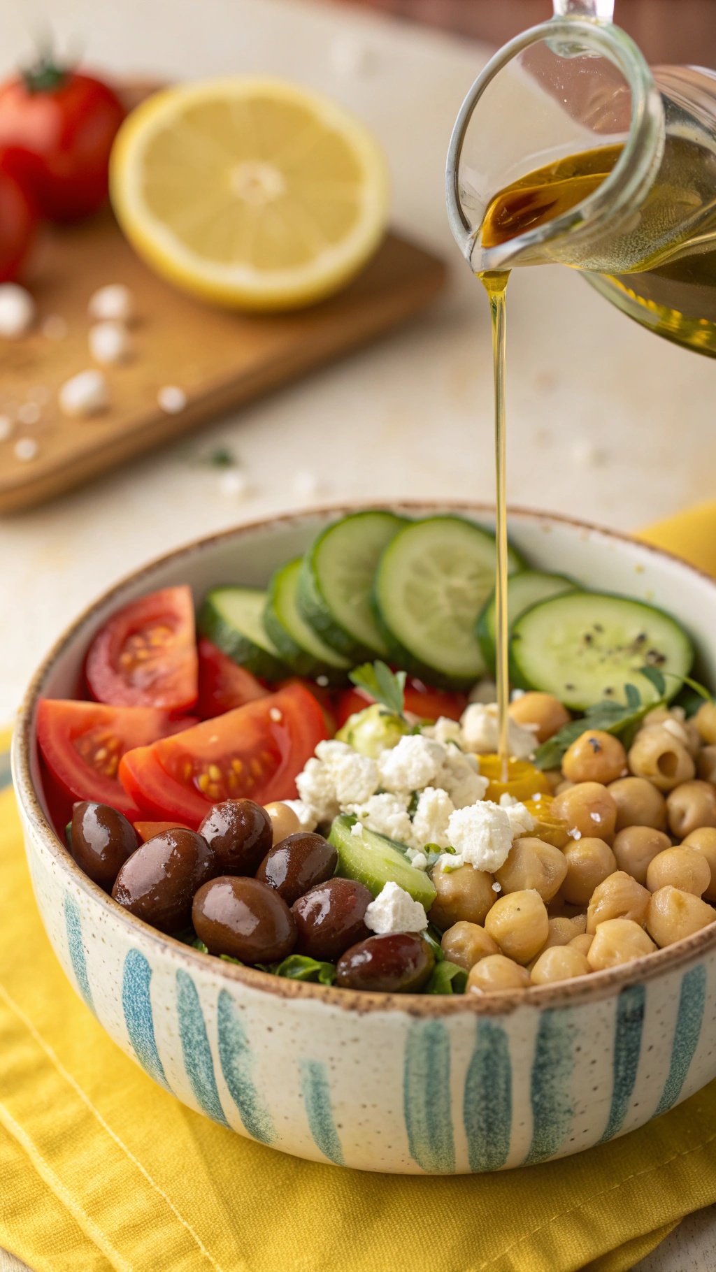 A Mediterranean Chickpea Bowl with fresh vegetables, olives, and feta cheese, drizzled with olive oil.