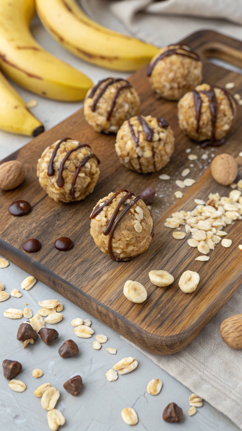 No-bake peanut butter banana bites on a wooden board with bananas and oats