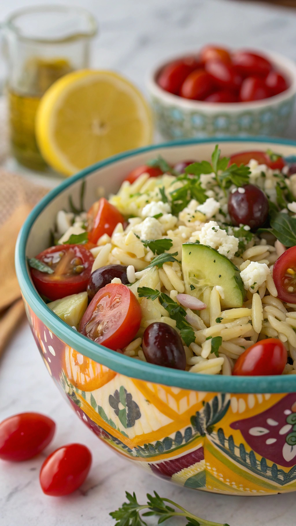 A colorful bowl of Greek Orzo Salad with cherry tomatoes, cucumbers, olives, and feta cheese.