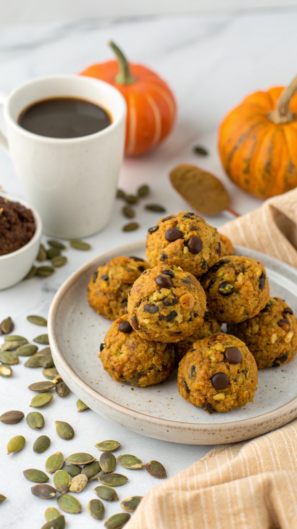 A plate of pumpkin energy bites with chocolate chips, surrounded by pumpkins and coffee.