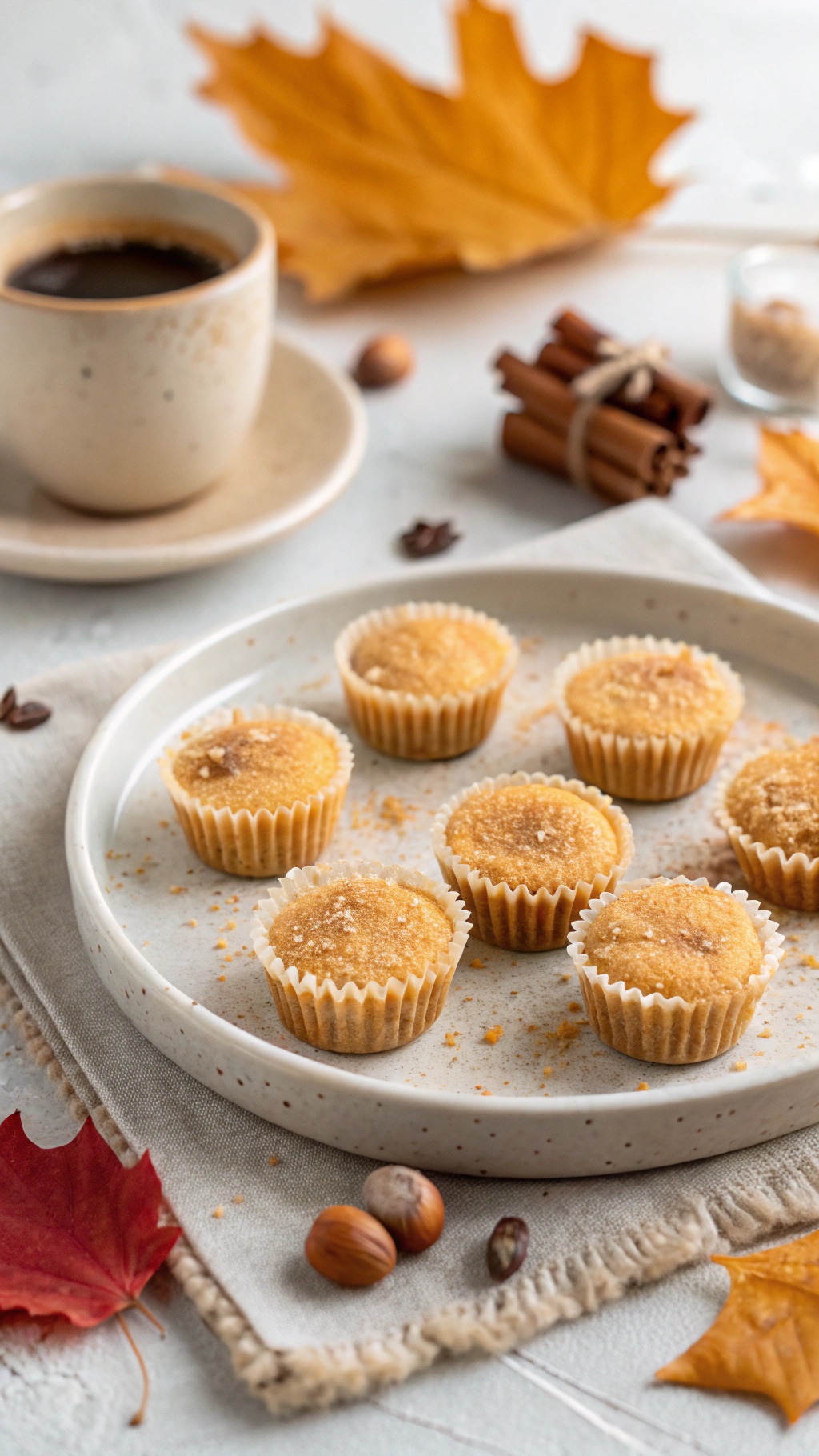 A plate of pumpkin spice fat bombs surrounded by autumn leaves and a cup of coffee.