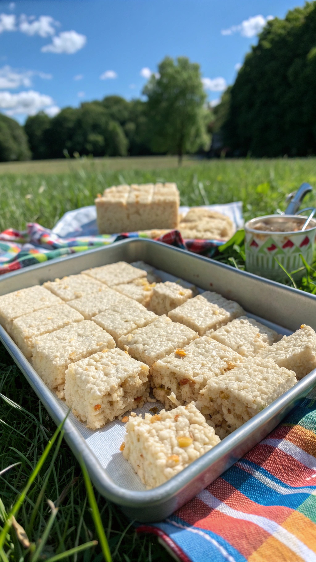 A tray of Rice Krispie treats on a picnic blanket in a sunny outdoor setting.