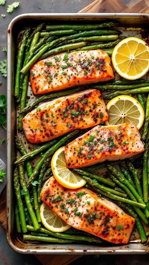 A delicious salmon and asparagus sheet pan dinner with lemon slices