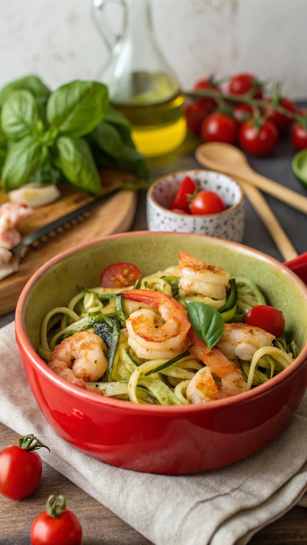 A bowl of shrimp and zucchini noodles topped with cherry tomatoes and basil.
