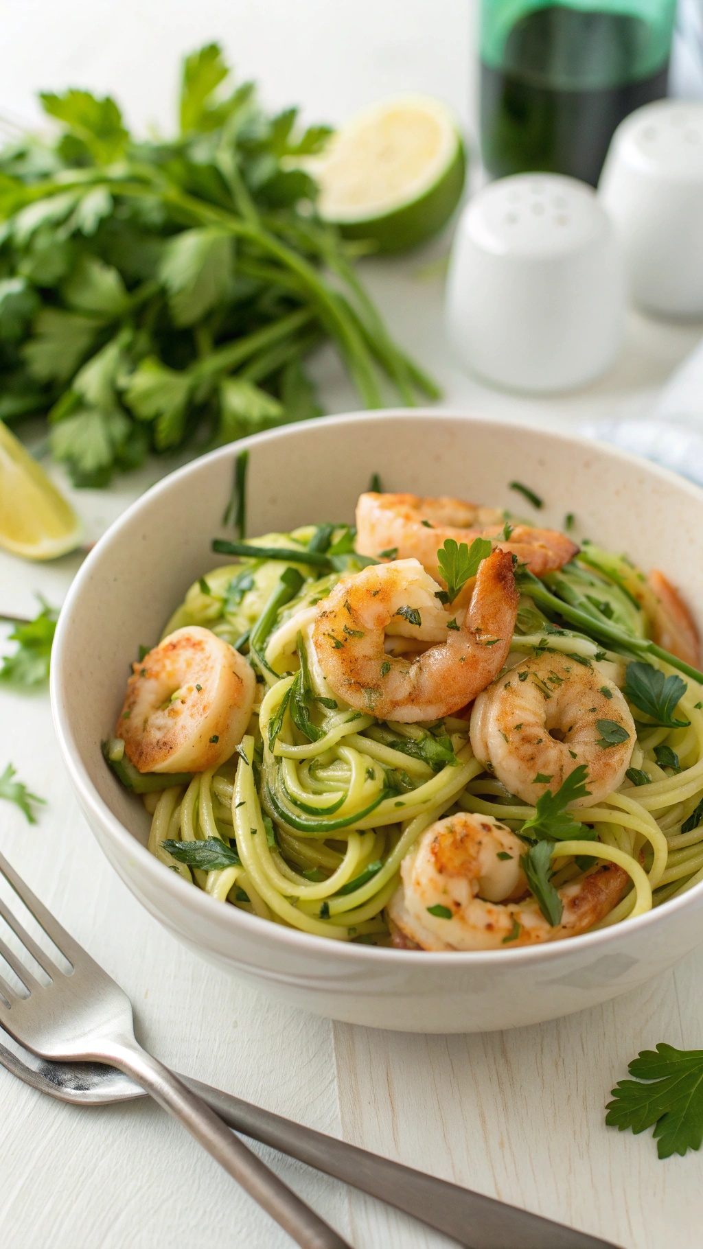 A bowl of shrimp and zucchini noodles garnished with parsley and lime.