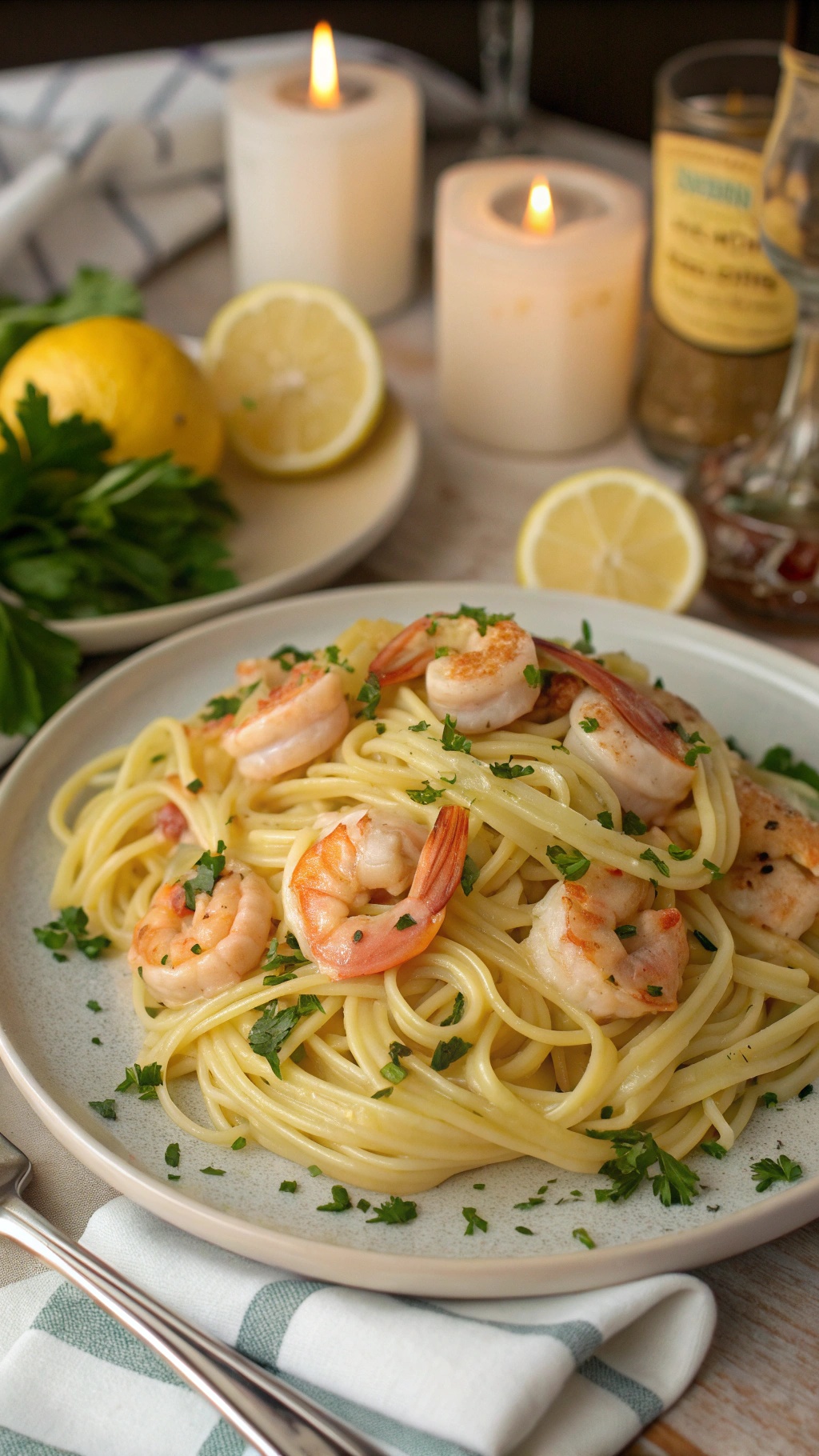 A plate of shrimp scampi pasta with lemon slices and candles in the background