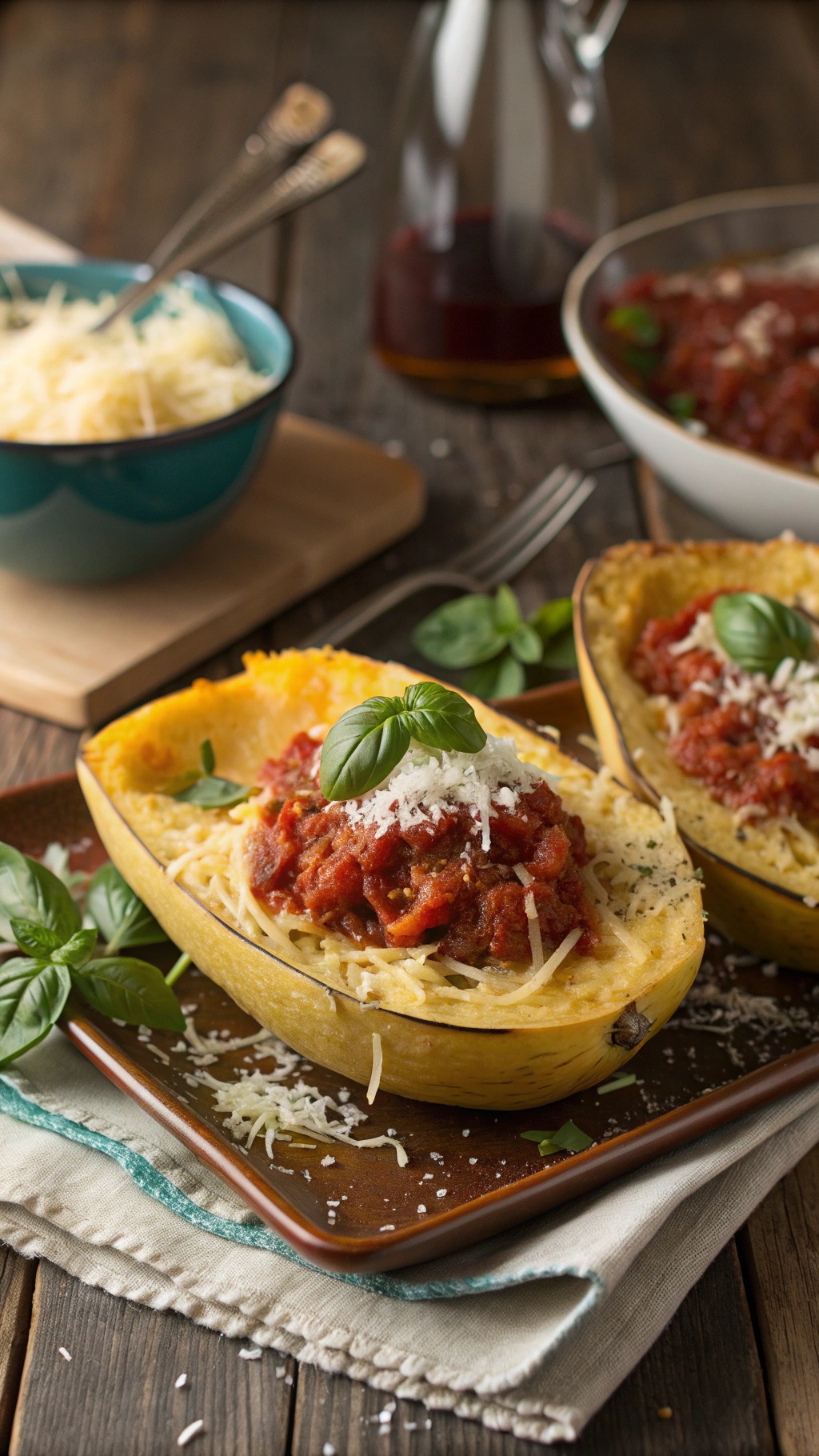 A plate of spaghetti squash topped with marinara sauce, cheese, and basil.