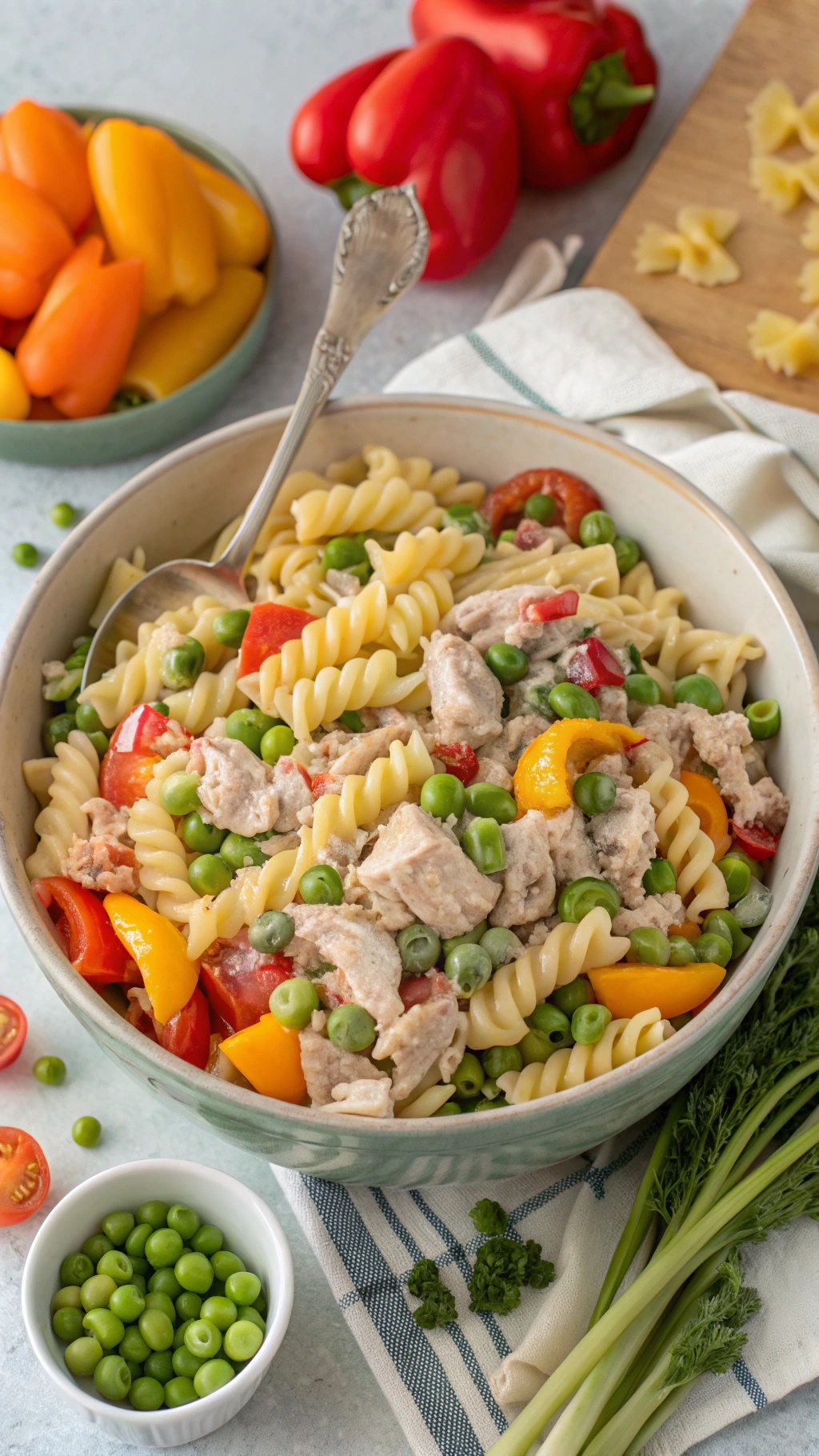 A colorful bowl of tuna pasta salad with rotini pasta, peas, cherry tomatoes, and bell peppers.