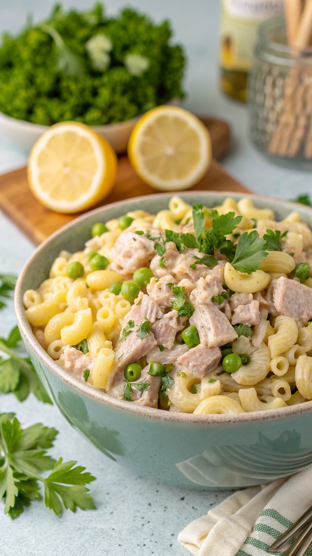 A bowl of tuna pasta salad with peas and parsley, garnished with lemon slices in the background.
