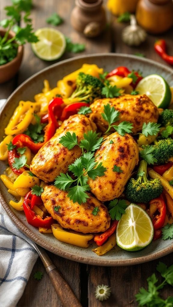 A plate of turmeric chicken with colorful vegetables, garnished with cilantro and lime.
