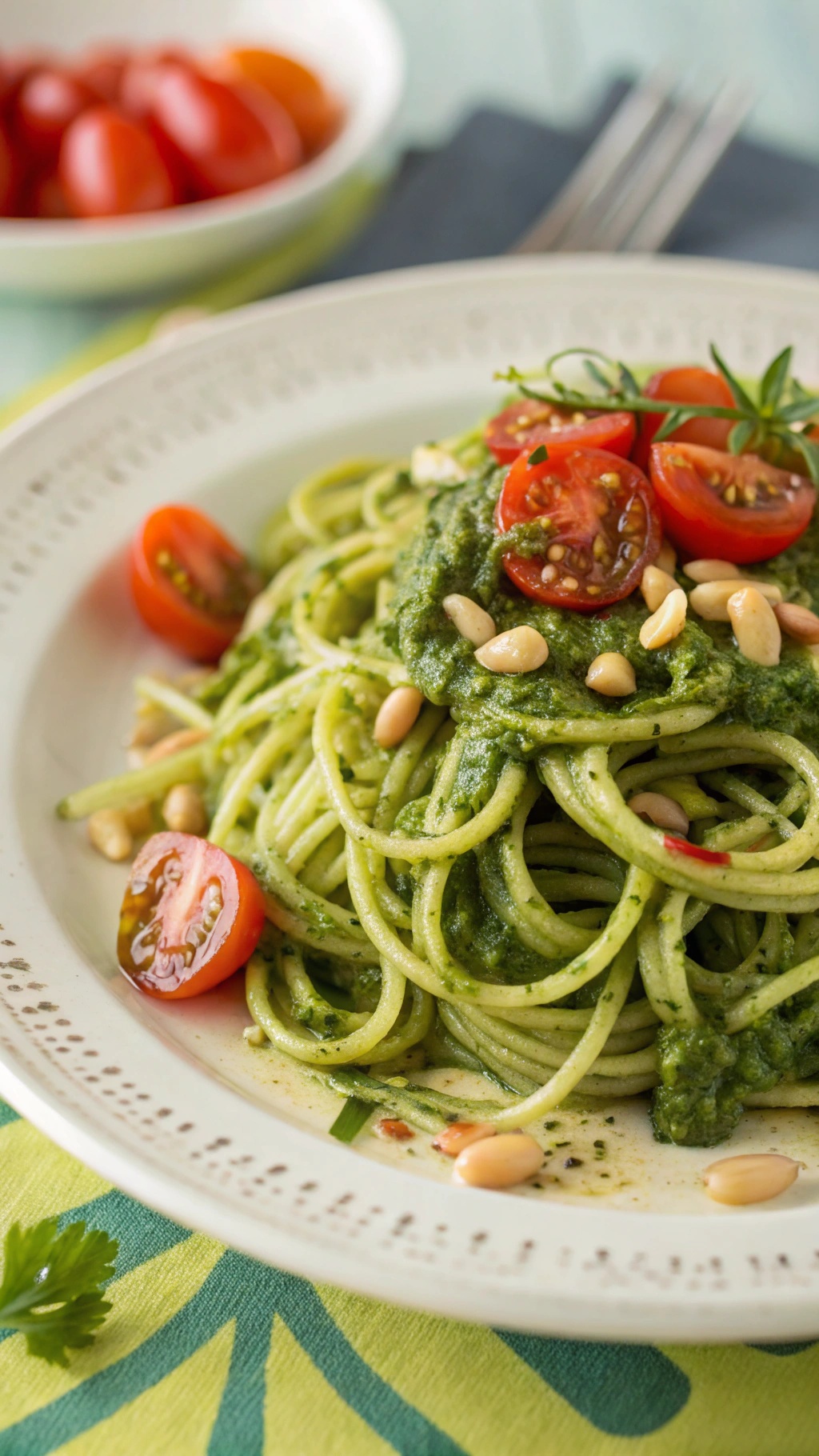 A plate of zucchini noodles topped with pesto sauce and cherry tomatoes.