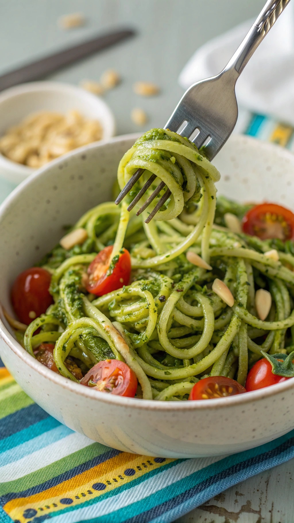 A bowl of zucchini noodles with pesto, topped with cherry tomatoes and pine nuts.