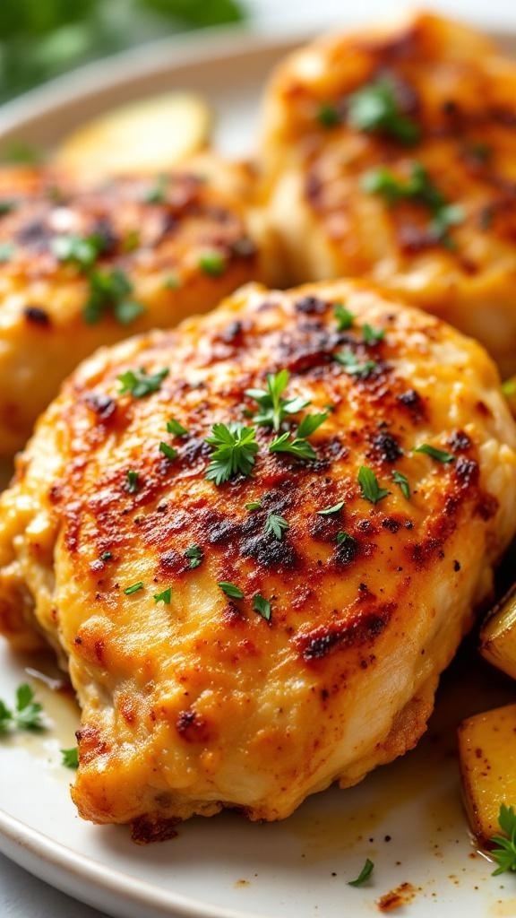 Tender air fryer garlic herb chicken thighs with herbs and vegetables