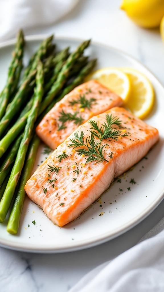 Air fryer salmon fillets served with asparagus and lemon slices