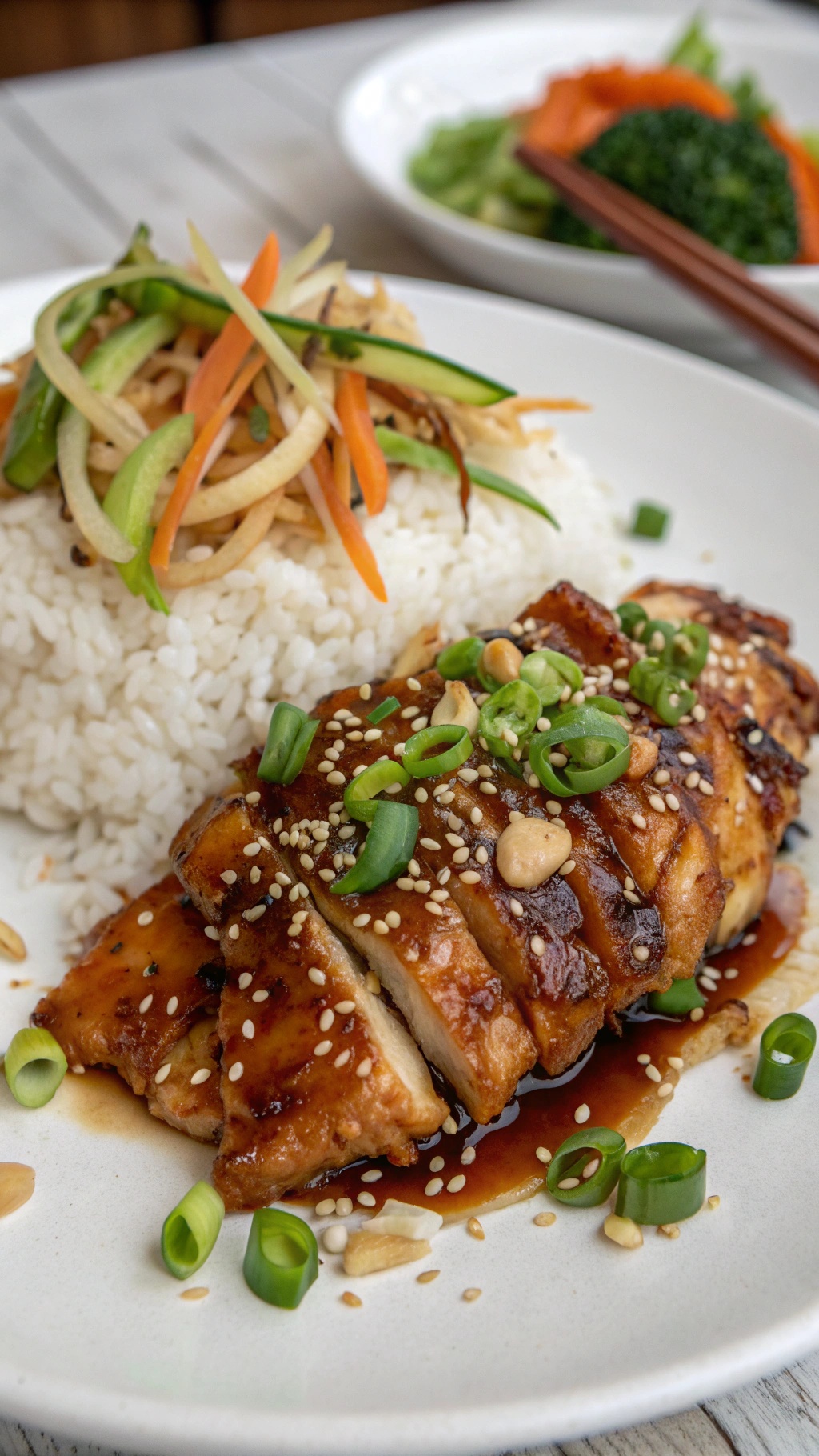 Plate of teriyaki chicken with rice and vegetables