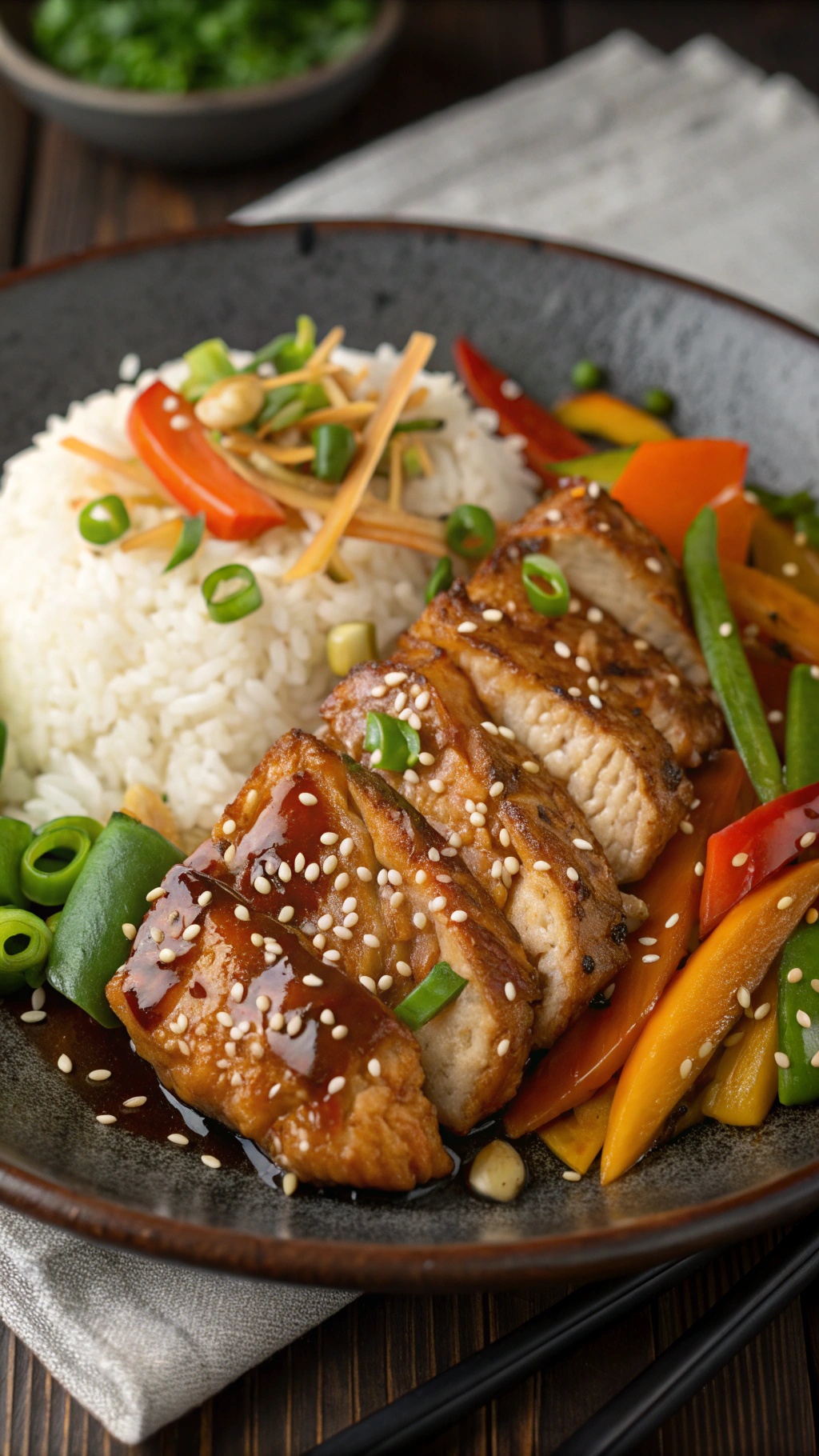 A plate of teriyaki chicken served with rice and colorful stir-fried vegetables.