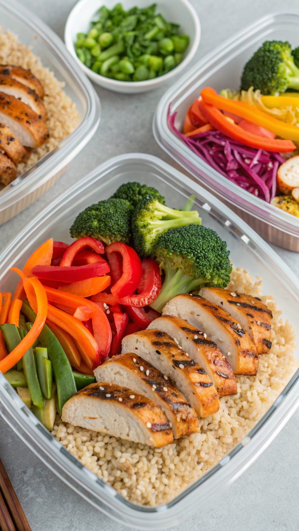 Teriyaki chicken meal prep bowls with grilled chicken, couscous, and colorful vegetables.