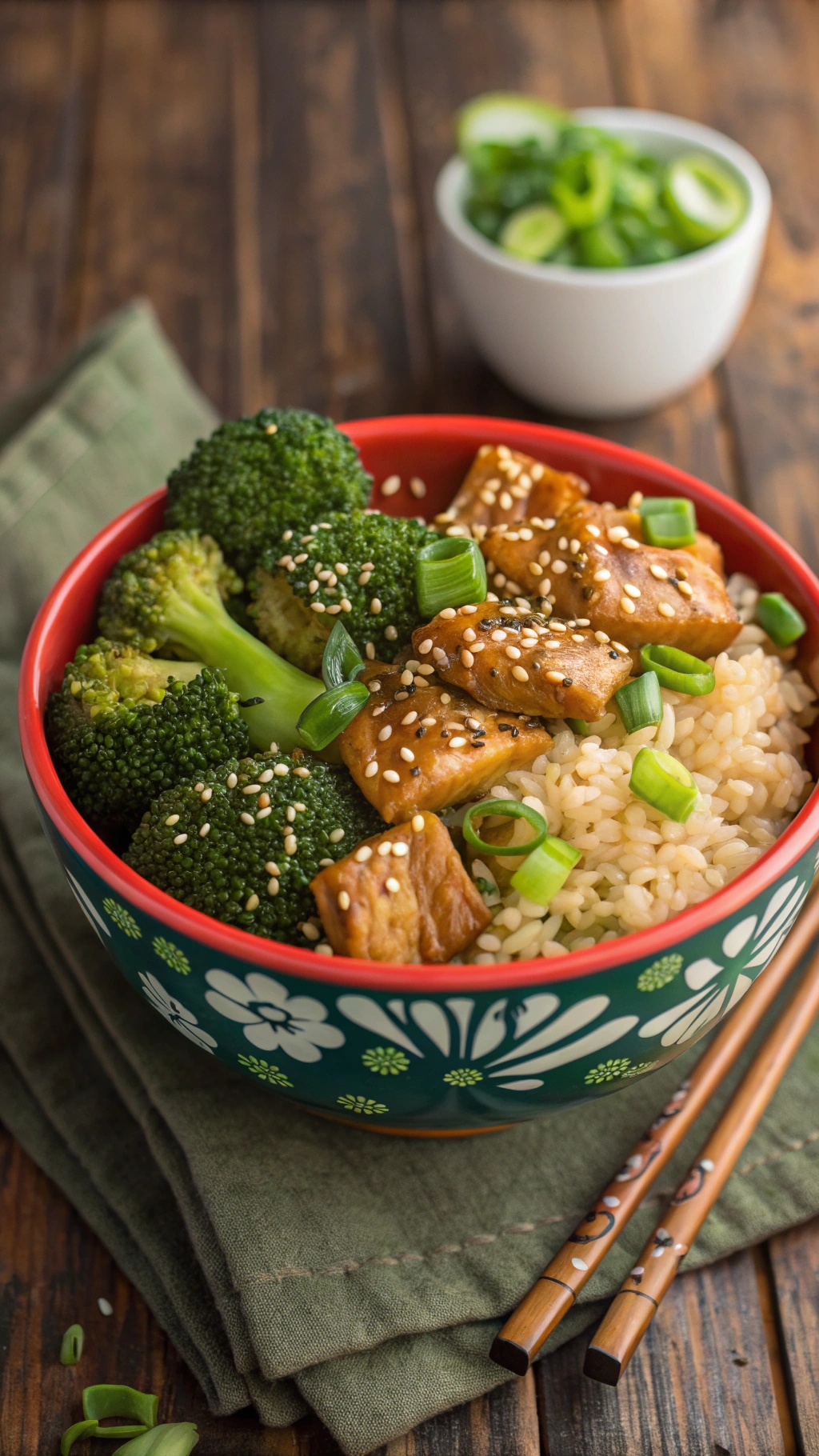 A colorful bowl of teriyaki chicken rice with broccoli, topped with sesame seeds and green onions.