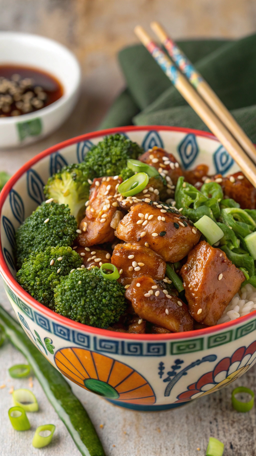 A bowl of teriyaki chicken with broccoli, garnished with sesame seeds and green onions.