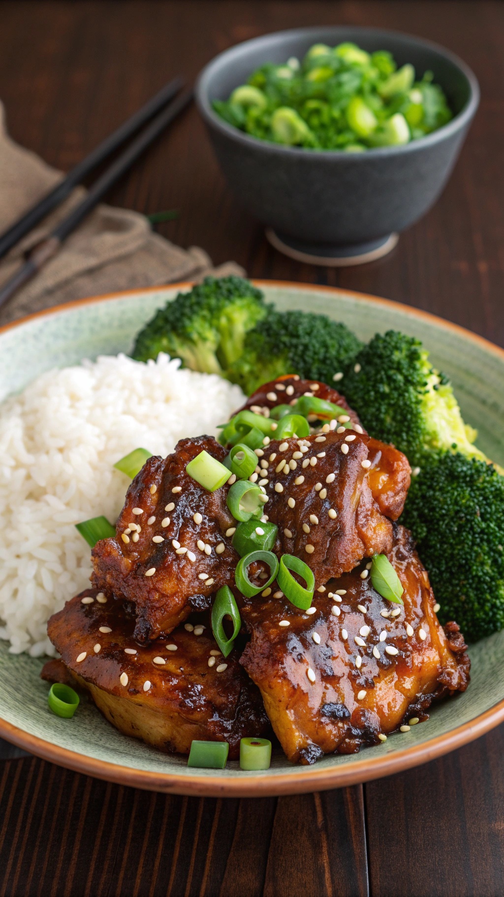 A plate of teriyaki glazed chicken served with rice and broccoli, garnished with green onions and sesame seeds.