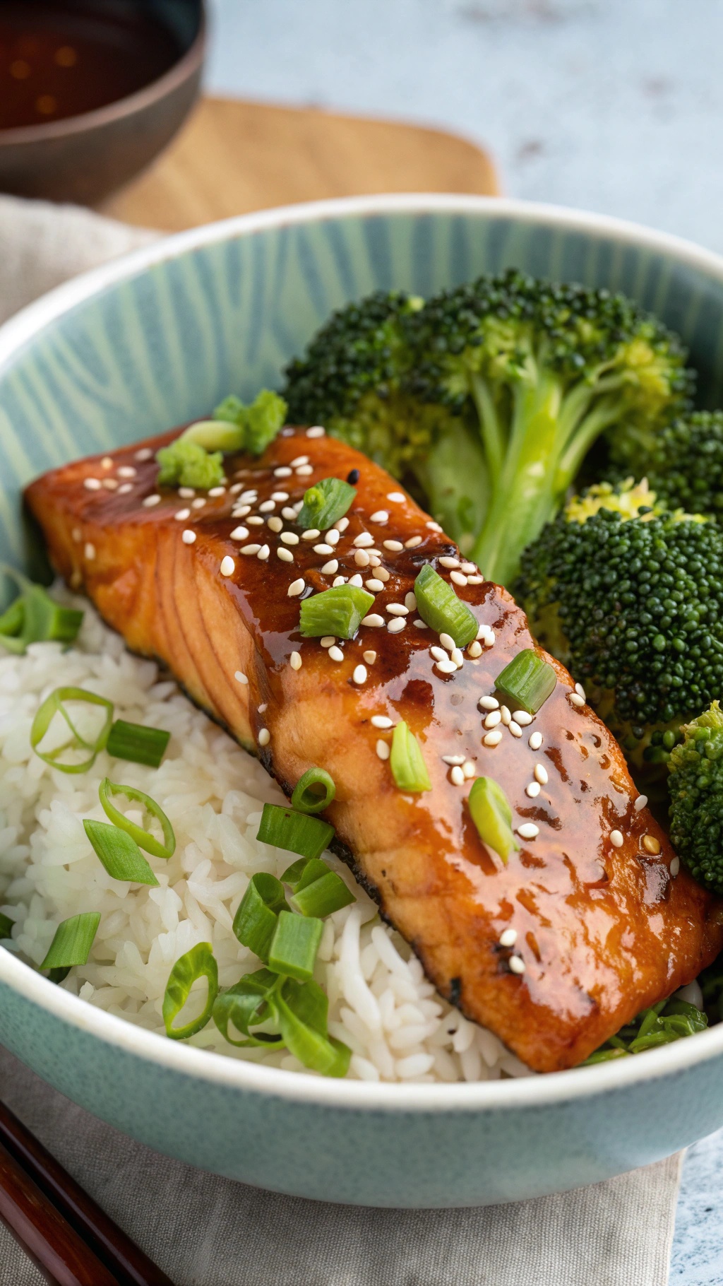 A delicious teriyaki salmon bowl with broccoli, rice, and garnishes.