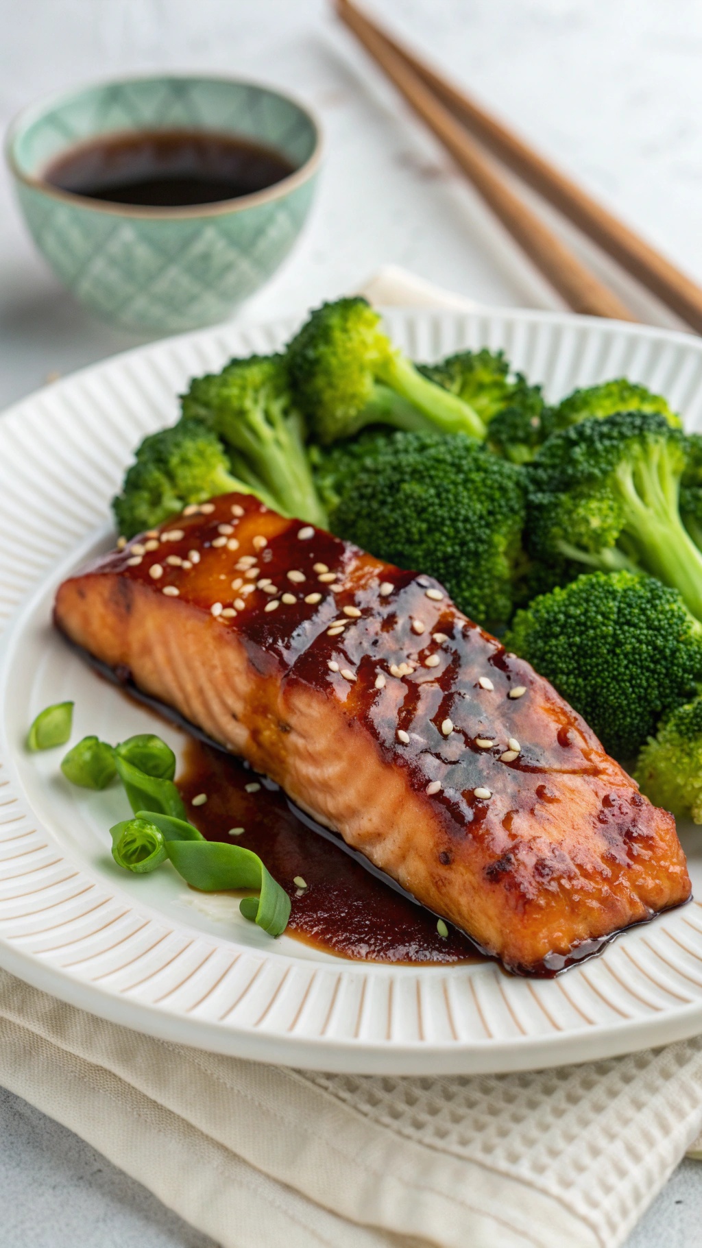 A plate of teriyaki salmon with broccoli, garnished with sesame seeds and green onions.
