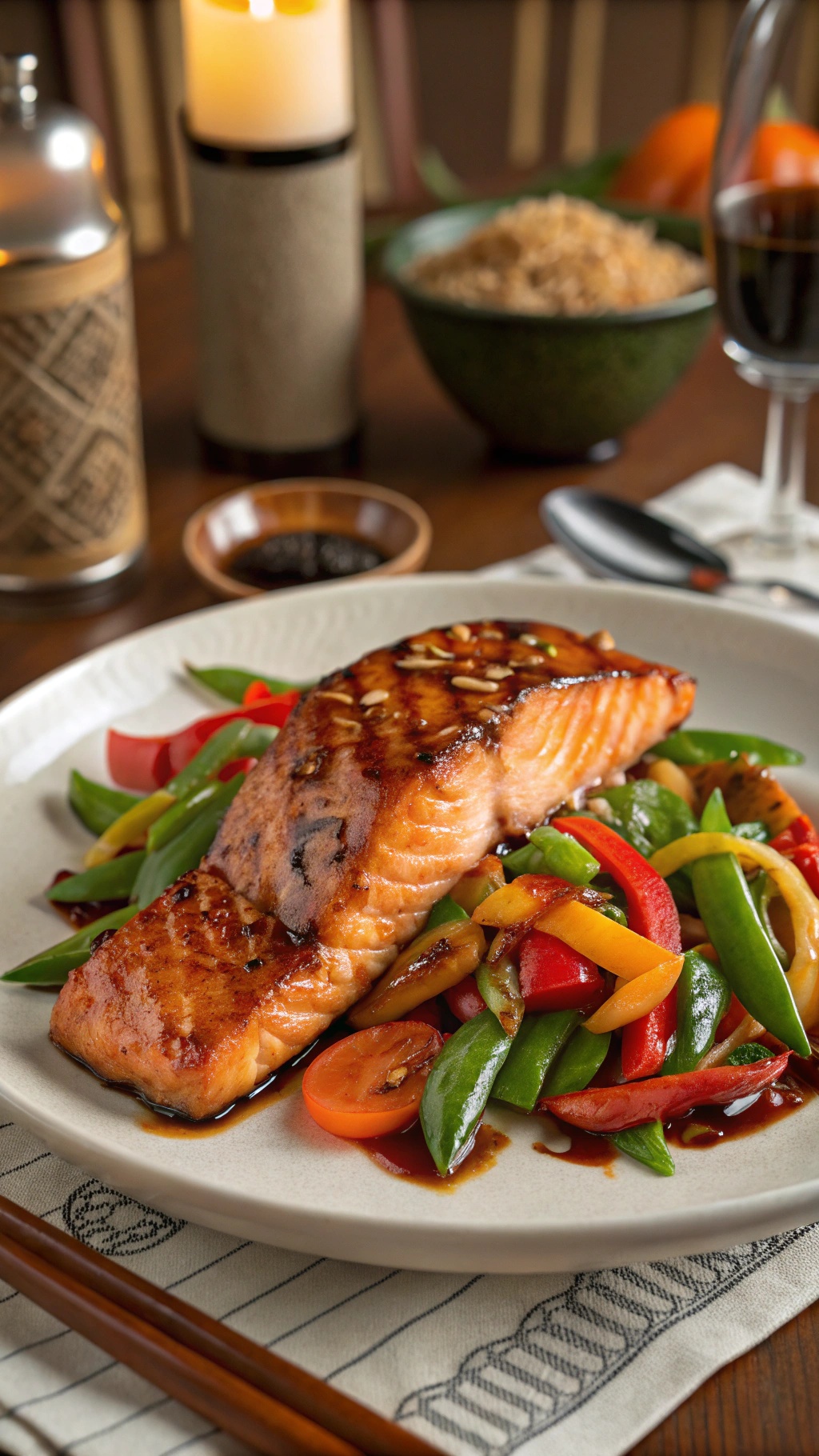 A plate of teriyaki salmon with stir-fried vegetables, showcasing vibrant colors and textures.