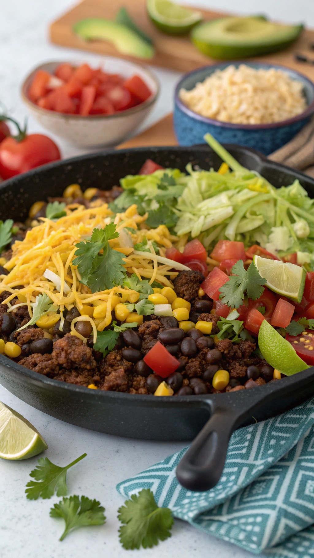 A colorful Tex-Mex taco salad skillet with ground beef, black beans, corn, lettuce, tomatoes, cheese, and lime wedges.
