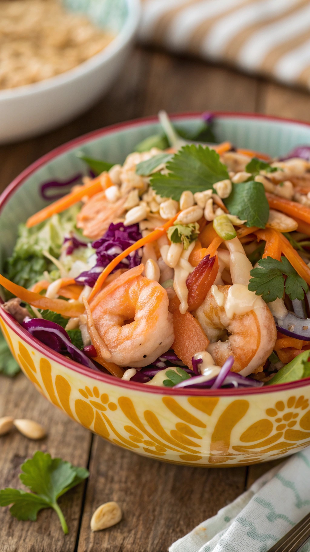 A vibrant Thai shrimp salad with peanut dressing, featuring shrimp, colorful vegetables, and garnished with peanuts and cilantro.