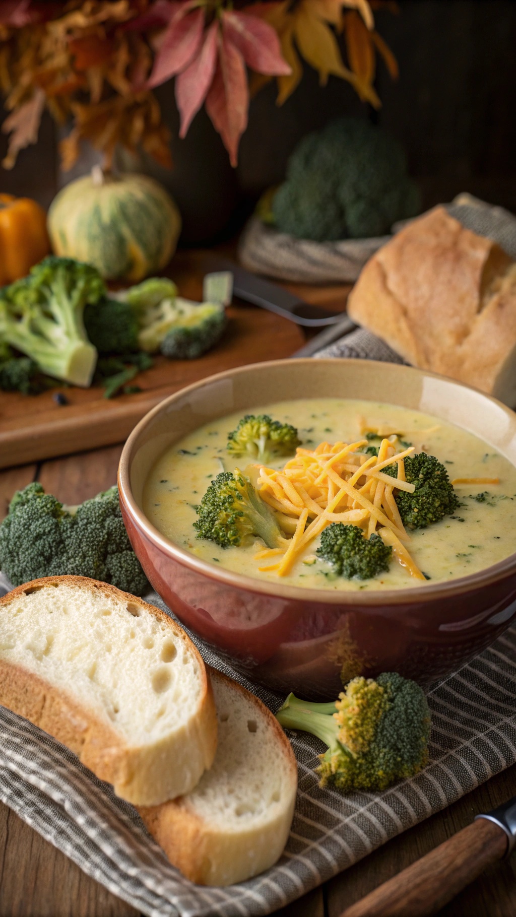 A bowl of thick and creamy broccoli cheddar soup garnished with cheese, surrounded by fresh broccoli and slices of bread.