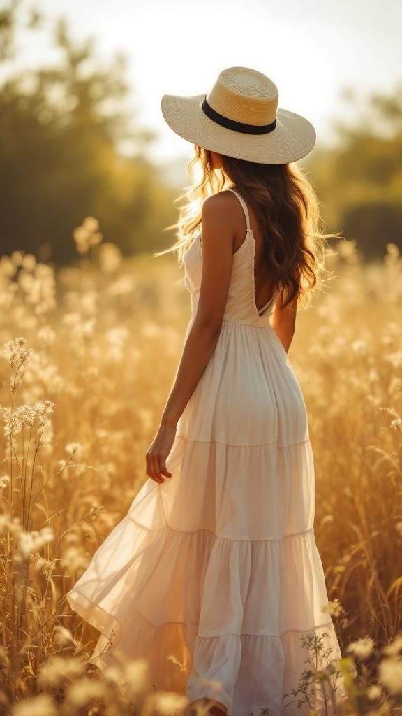 A woman wearing a tiered maxi dress and a wide-brim hat, walking through a golden field.
