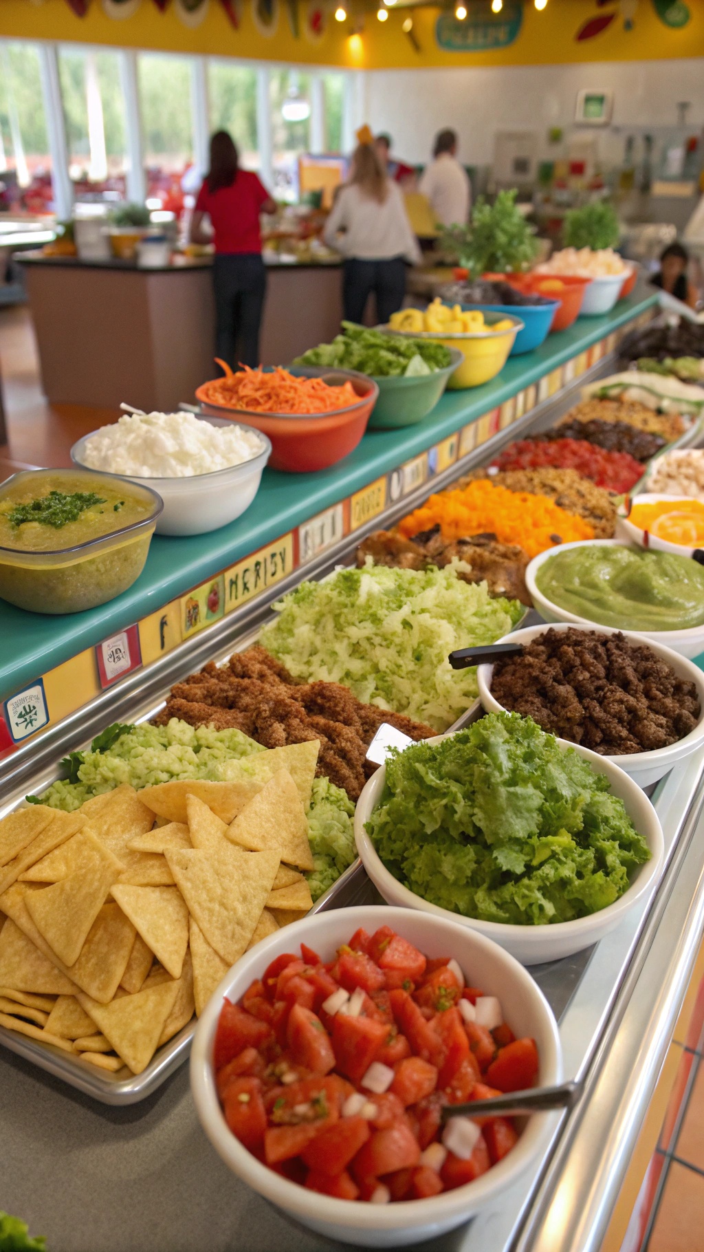 A colorful salad bar with various ingredients, labeled for dietary restrictions.
