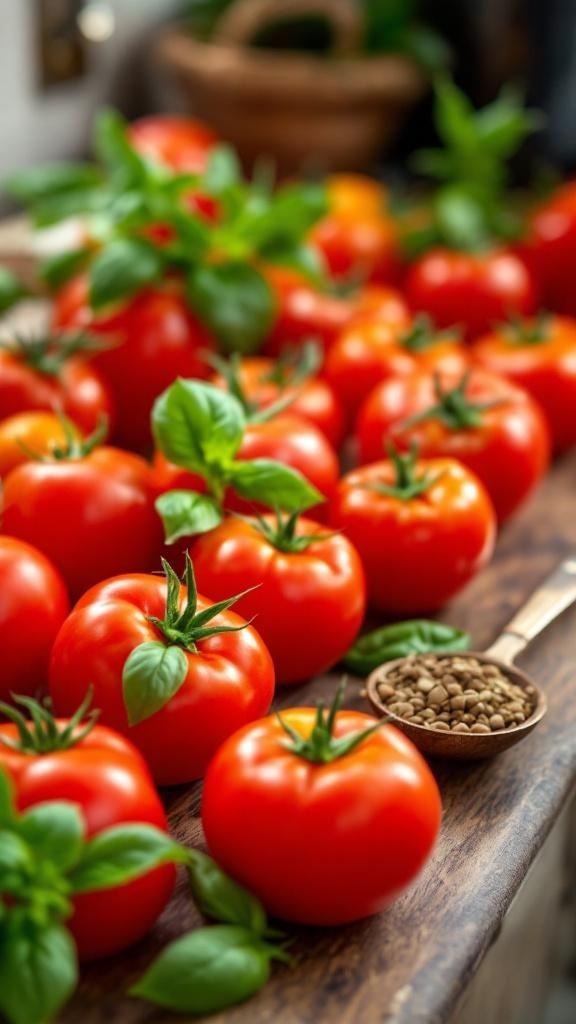 Fresh ripe tomatoes with basil and a spoonful of seeds on a wooden surface.
