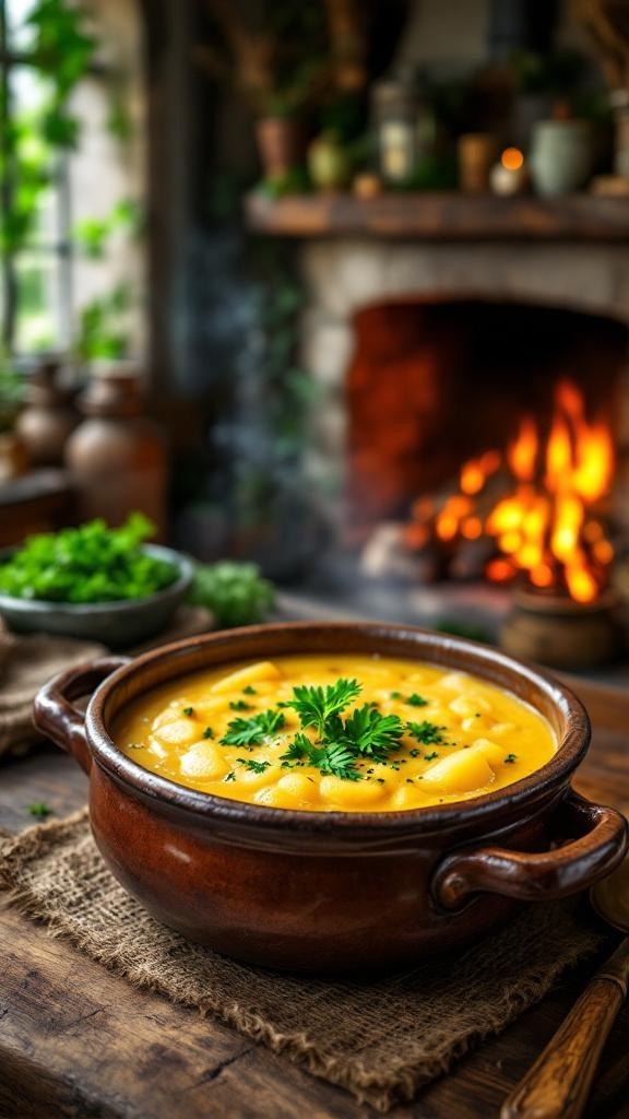 A rustic bowl of creamy potato soup garnished with fresh herbs, sitting on a wooden table near a cozy fireplace.