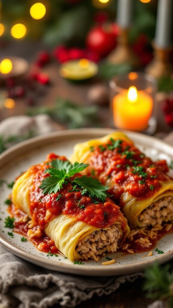 Traditional low carb stuffed cabbage rolls topped with tomato sauce, garnished with parsley, set in a festive holiday setting.