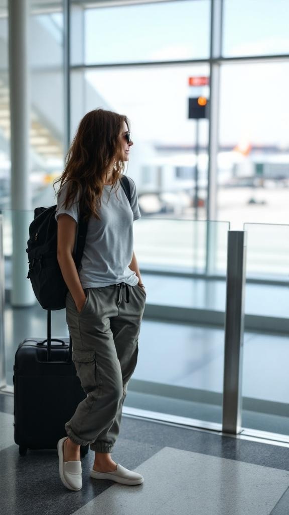 A woman in cargo pants and a t-shirt at the airport, standing next to a suitcase.