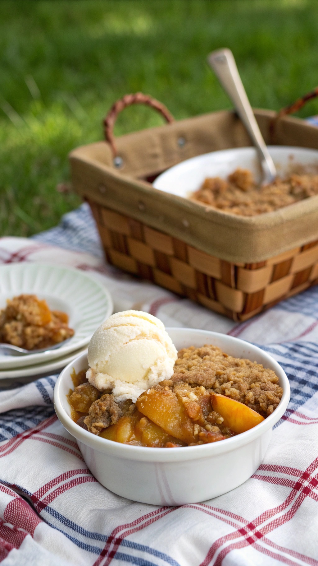 A bowl of peach crumble topped with vanilla ice cream, set on a picnic blanket with a basket in the background.