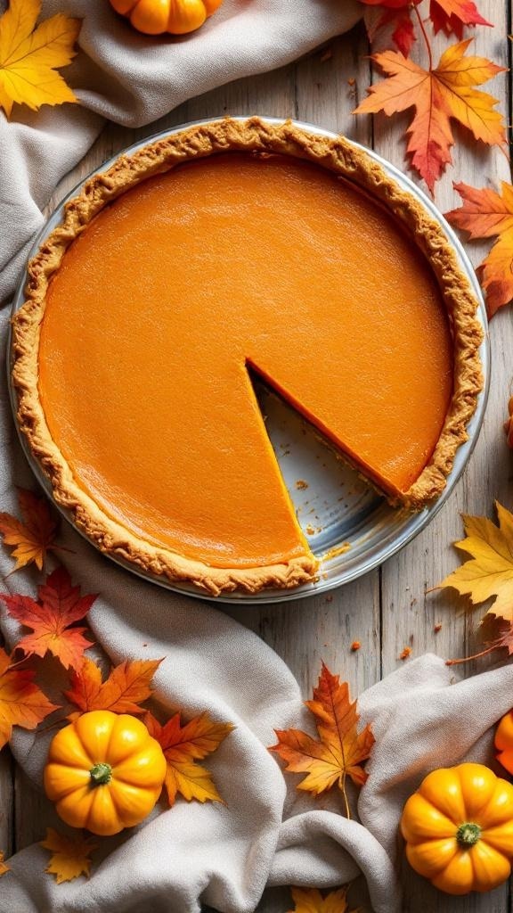 A delicious sweet potato pie surrounded by autumn leaves and small pumpkins.