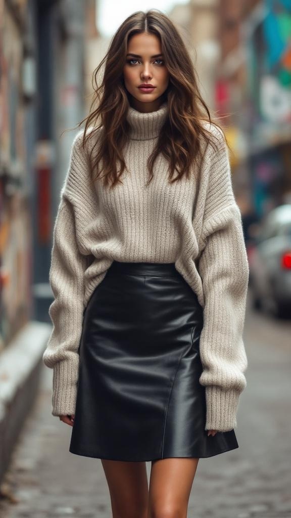 A woman wearing a cozy oversized sweater and a sleek leather skirt, walking confidently on a city street.