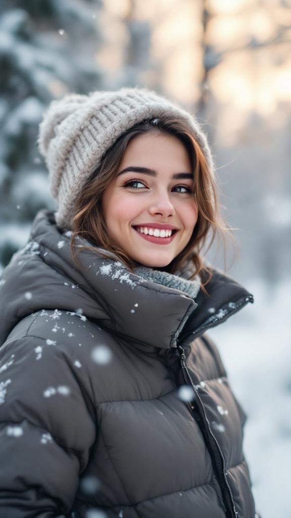 A woman wearing a colorful puffer jacket with a fur-lined hood, smiling in a snowy landscape.