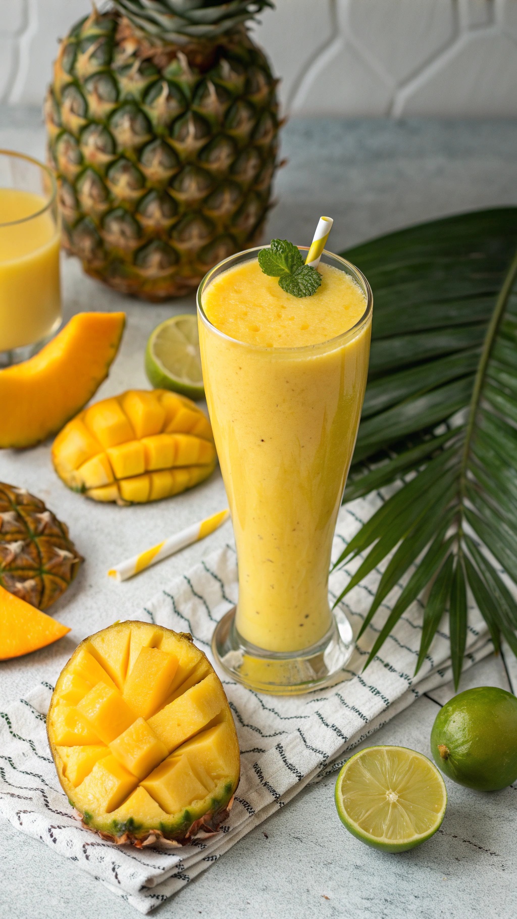 A refreshing tropical mango and pineapple smoothie in a tall glass, surrounded by fresh fruits and a pineapple.