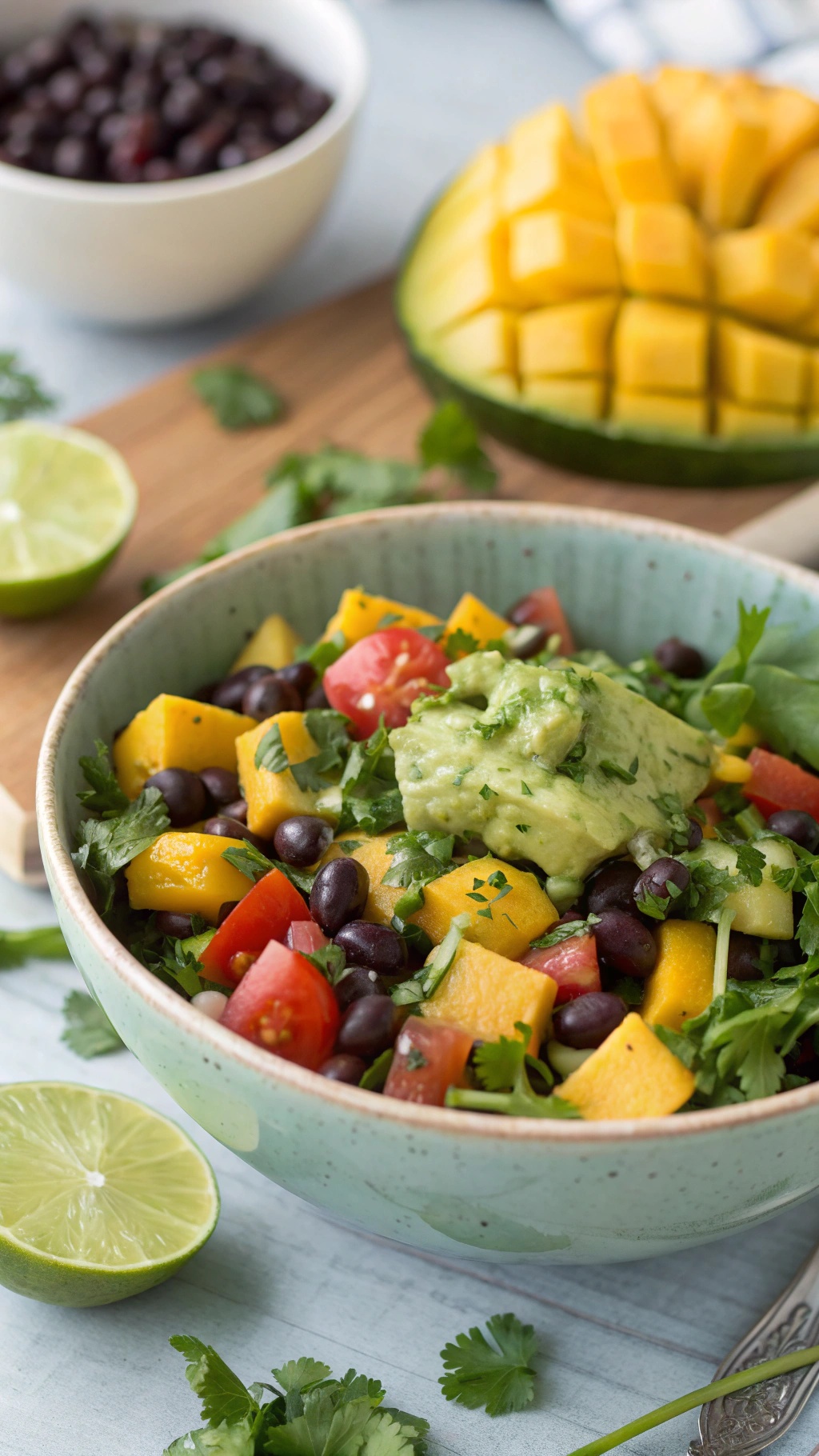 A vibrant tropical mango taco salad with black beans, tomatoes, and cilantro lime dressing in a bowl.